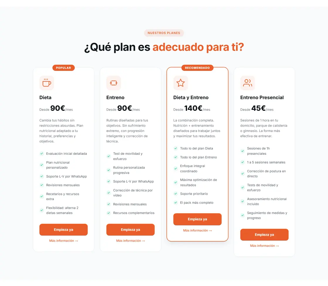 Sección de planes y precios de Crece Entrenando con botones para empezar por WhatsApp