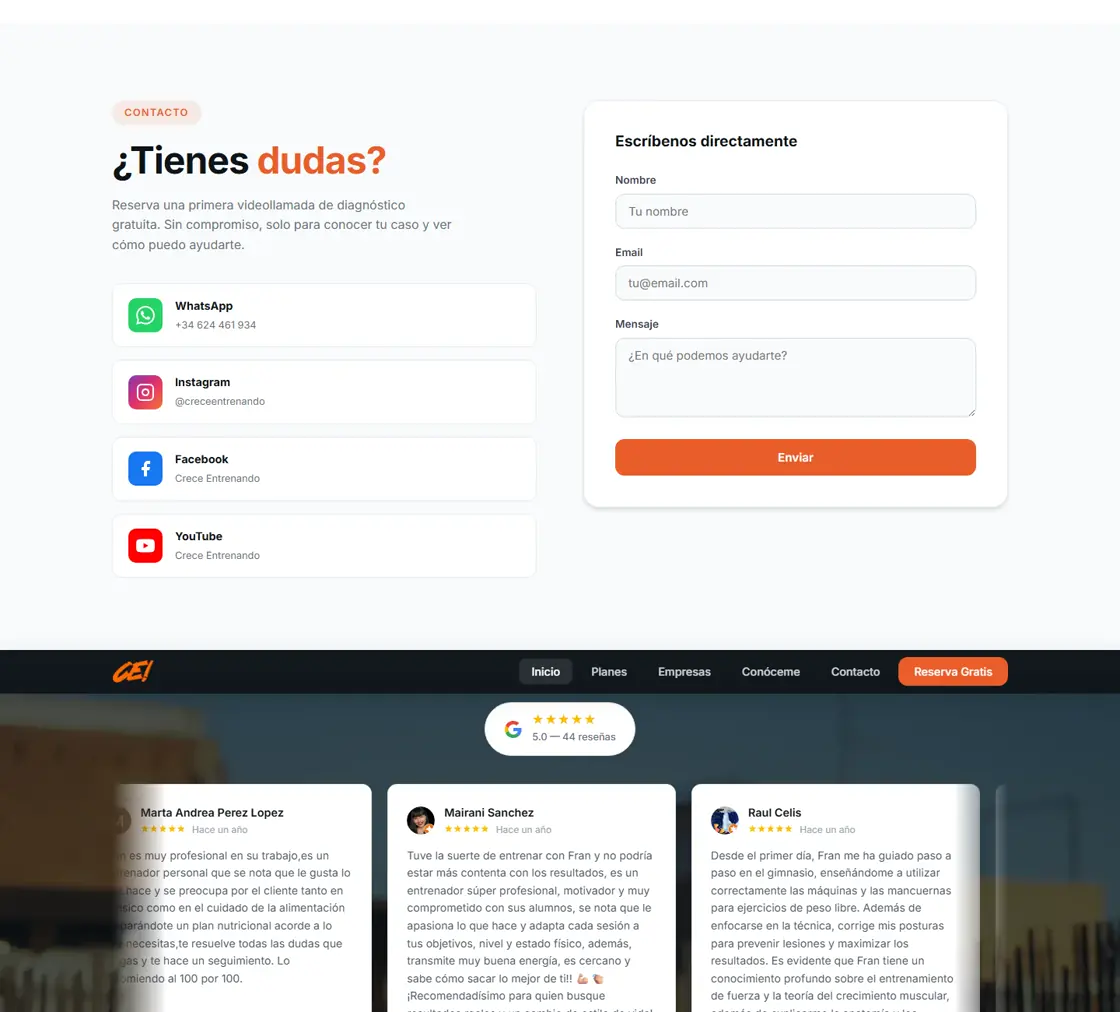 Sección de contacto, WhatsApp y reseñas de Crece Entrenando