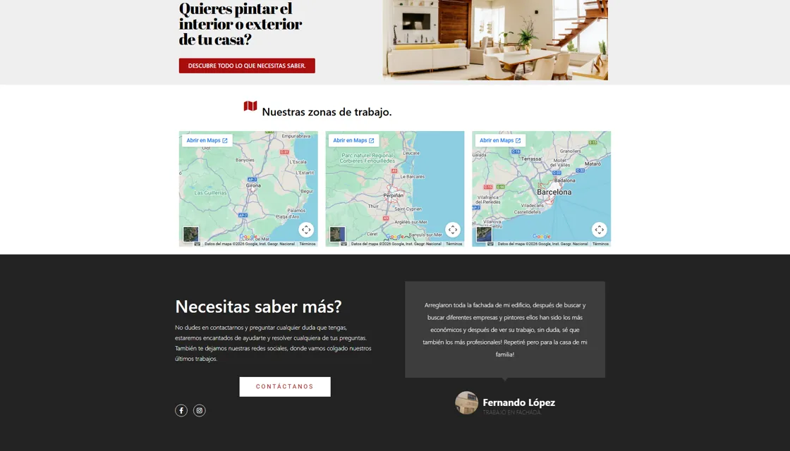 Sección de zonas de trabajo de Pintors Day Colors con mapas y bloque de contacto