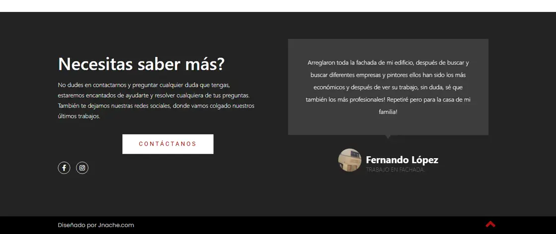 Sección de contacto y testimonios de Pintors Day Colors